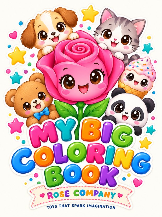 The cover of My Big Coloring Book: a big pink rose with a smiling
                face, surrounded by a puppy, a kitten, a teddy bear, a panda and a
                cupcake, in bubble letters. Twenty-four pages, by Rose Sudarsono.