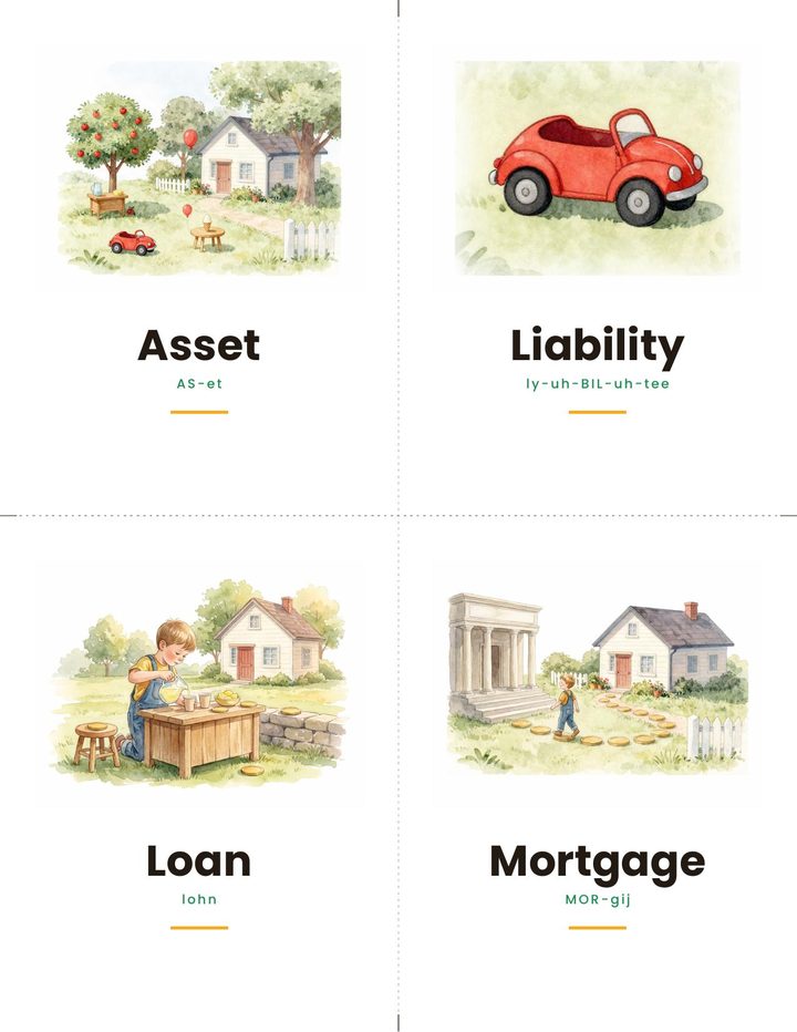 Four Little Builders word cards laid out on one sheet: Asset, Liability, Loan and Mortgage, each with a painting on the front and the word on the back.