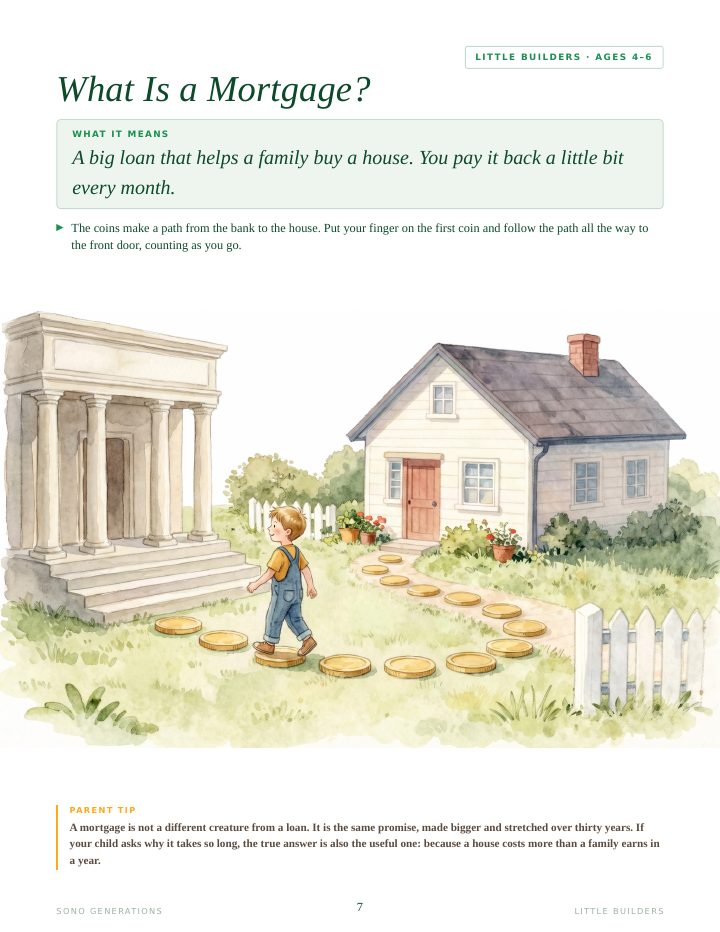 The page that explains a mortgage, with a painted house and a short read-together explanation.